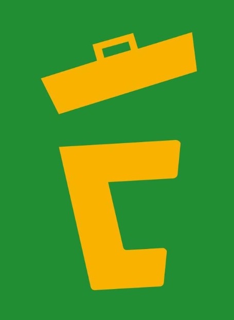 ARET gold waste-bin symbol on a green background
